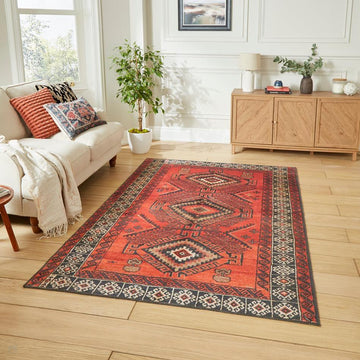 Washable Kashmar 2016 Traditional Persian Tribal Diamond Medallion Border Soft Digitally Printed Lightweight Textured Polyester Flatweave Burnt Terracotta Red/Deep Crimson Red/Charcoal/Ivory//Grey/Brown Rug-Think Rugs-Rug Love - The Most Loved Rug Store